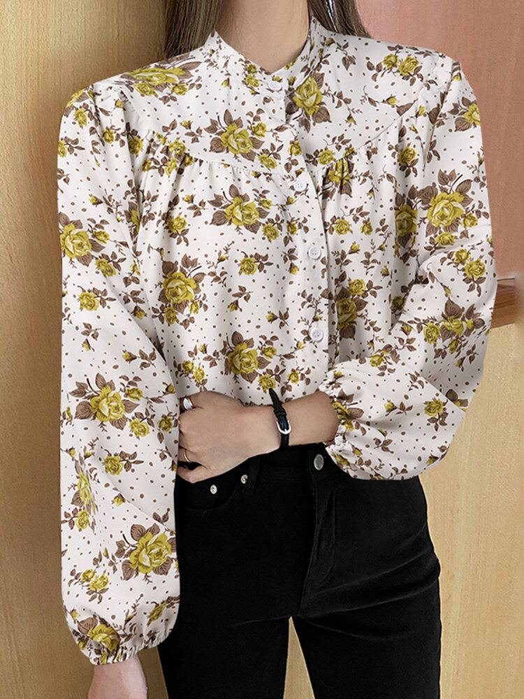Blouse Met Lange Mouwen En Opstaande Kraag Met Bloemenprint Voor Dames