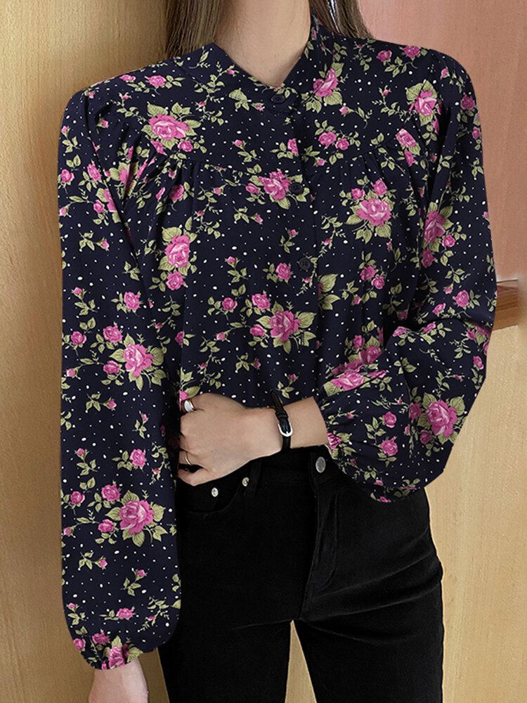 Blouse Met Lange Mouwen En Opstaande Kraag Met Bloemenprint Voor Dames