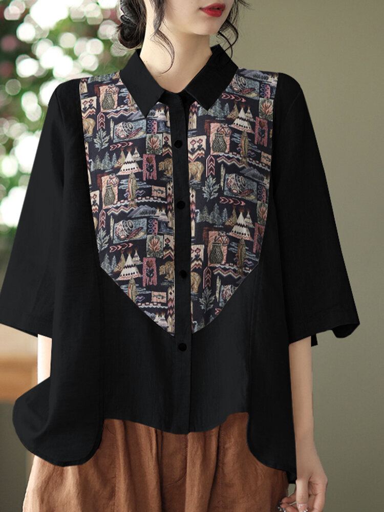 Casual Overhemd Met Patchwork-knop Met Ruches En Revers