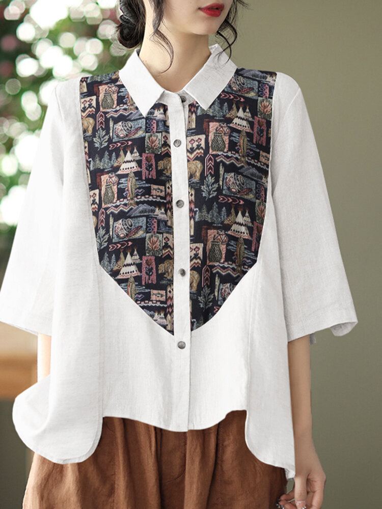 Casual Overhemd Met Patchwork-knop Met Ruches En Revers