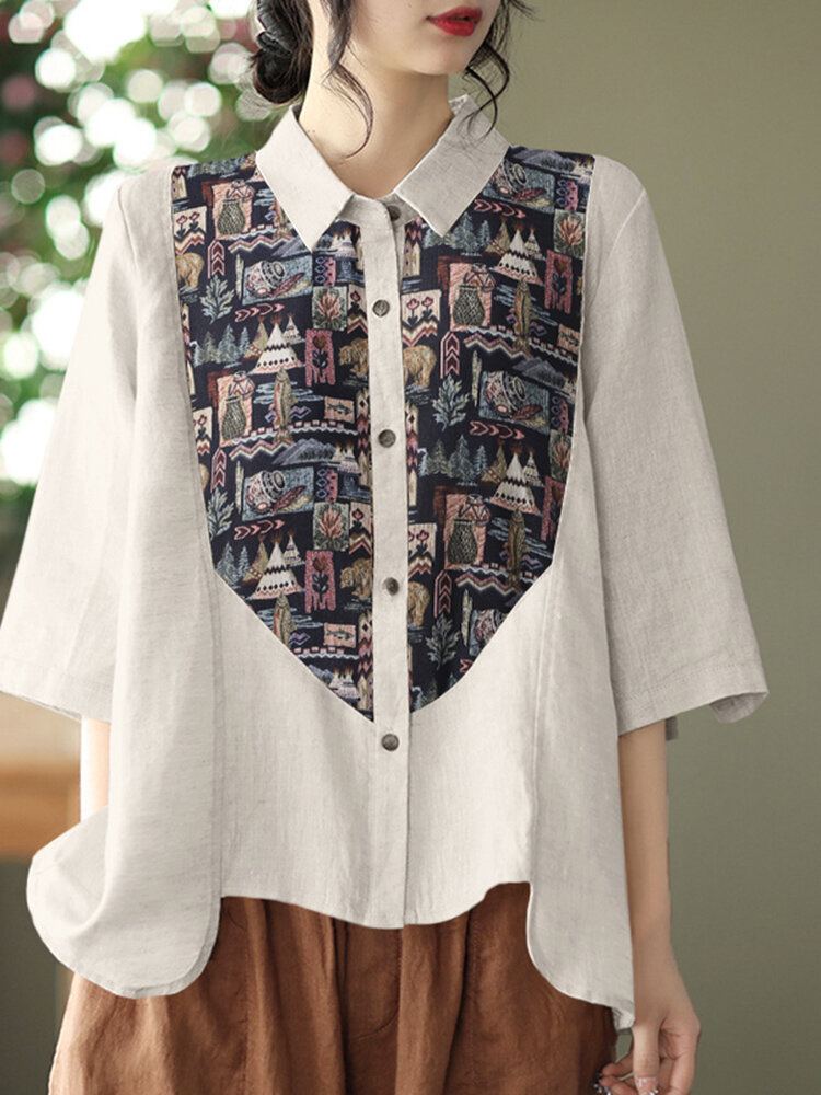 Casual Overhemd Met Patchwork-knop Met Ruches En Revers