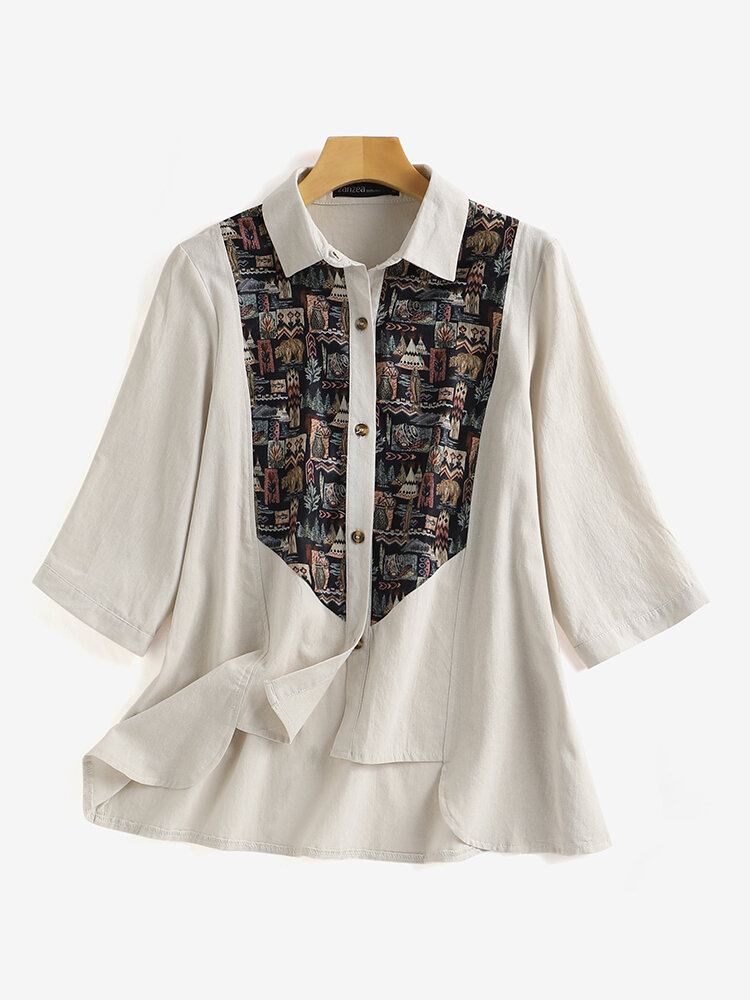 Casual Overhemd Met Patchwork-knop Met Ruches En Revers