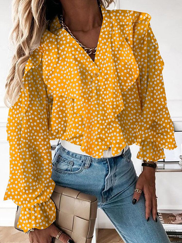 Dames Ditsy Bloemen Gedrukt V-hals Volant Mouw Ruches Casual Blouses