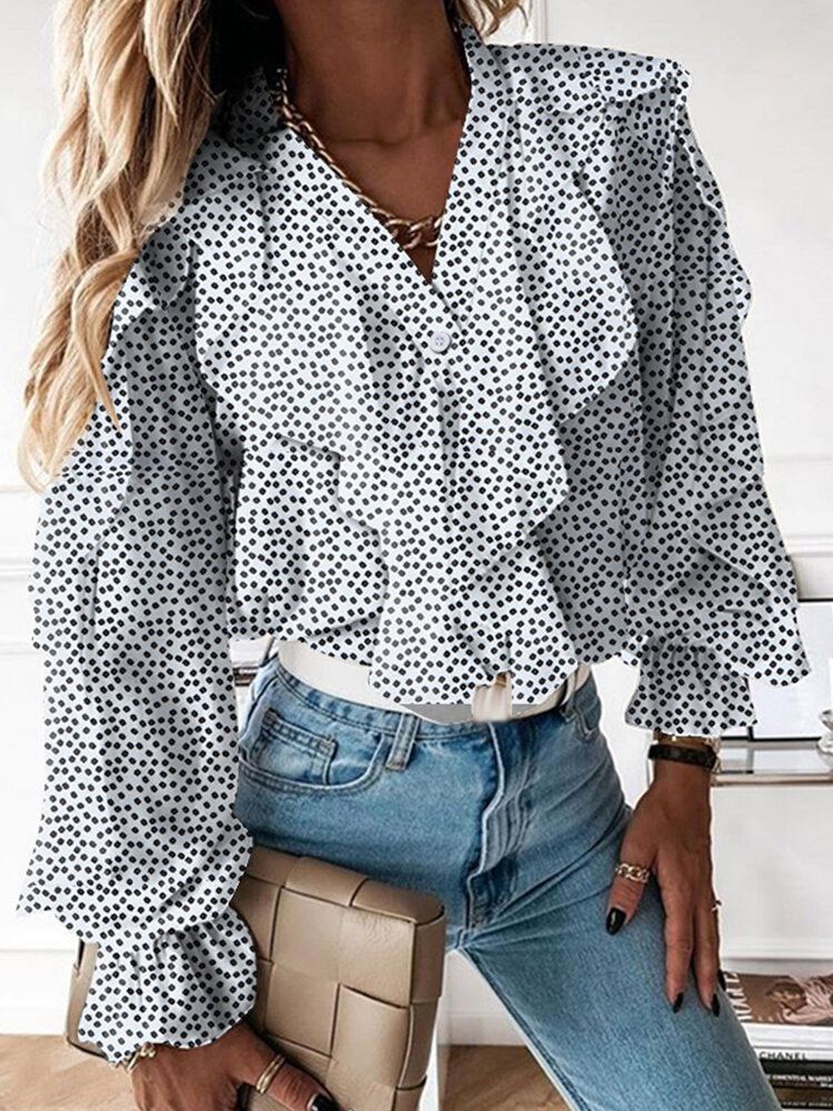 Dames Ditsy Bloemen Gedrukt V-hals Volant Mouw Ruches Casual Blouses