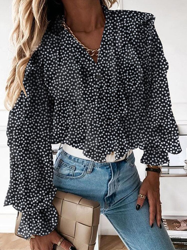 Dames Ditsy Bloemen Gedrukt V-hals Volant Mouw Ruches Casual Blouses