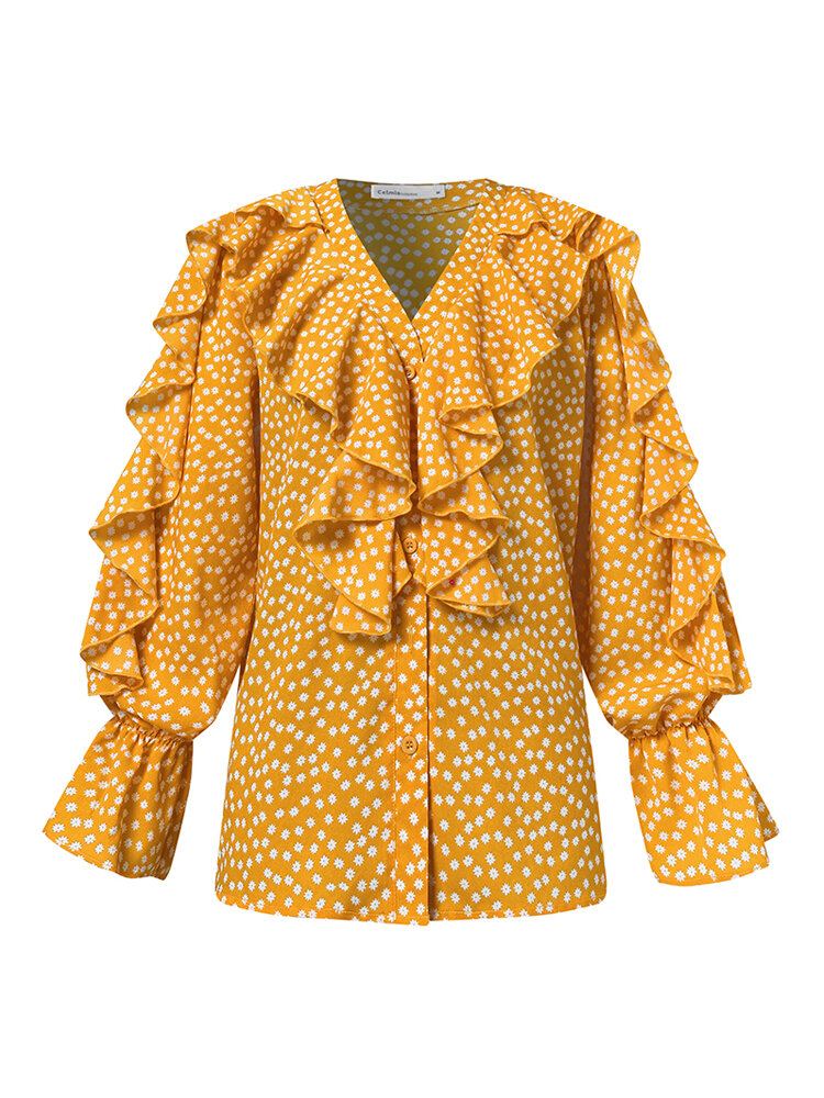Dames Ditsy Bloemen Gedrukt V-hals Volant Mouw Ruches Casual Blouses