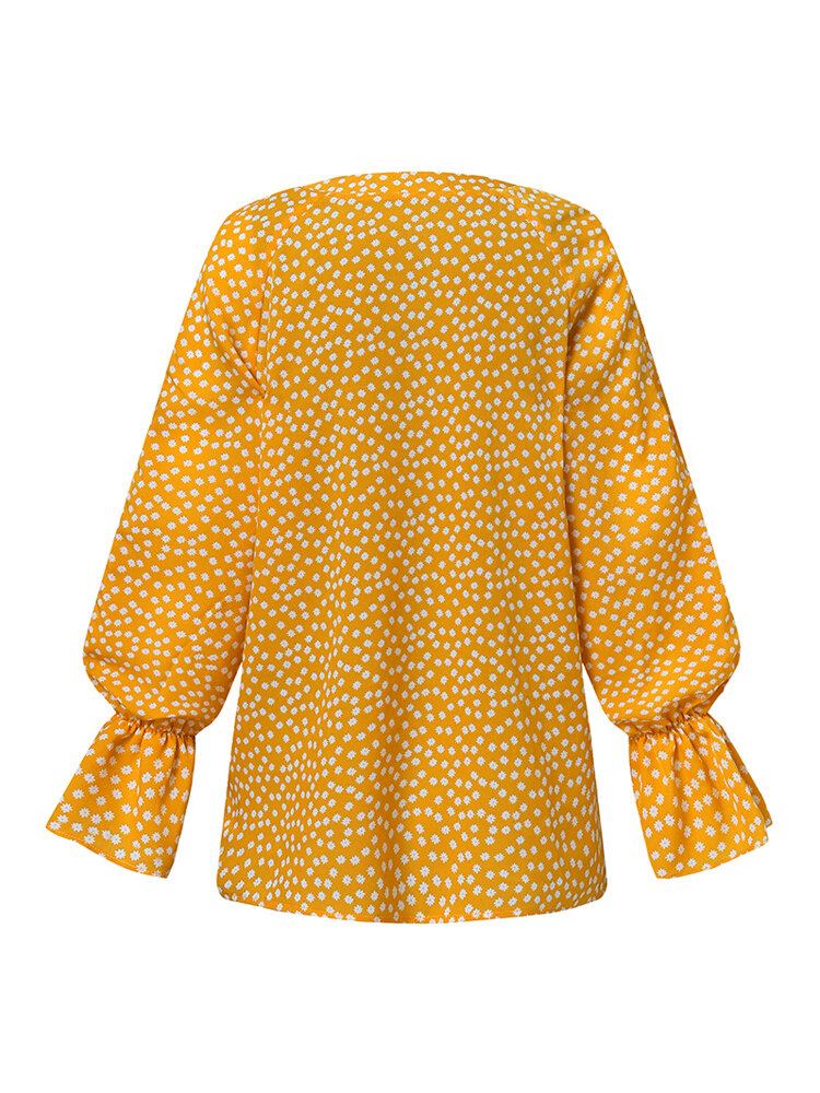 Dames Ditsy Bloemen Gedrukt V-hals Volant Mouw Ruches Casual Blouses