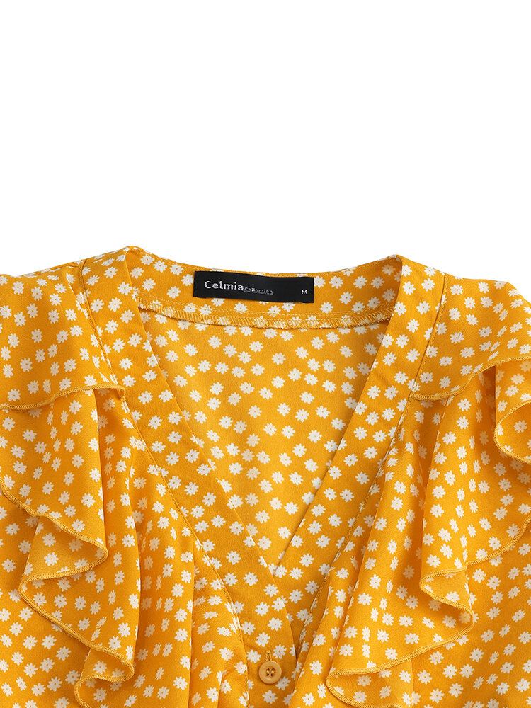 Dames Ditsy Bloemen Gedrukt V-hals Volant Mouw Ruches Casual Blouses