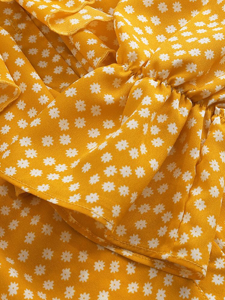 Dames Ditsy Bloemen Gedrukt V-hals Volant Mouw Ruches Casual Blouses