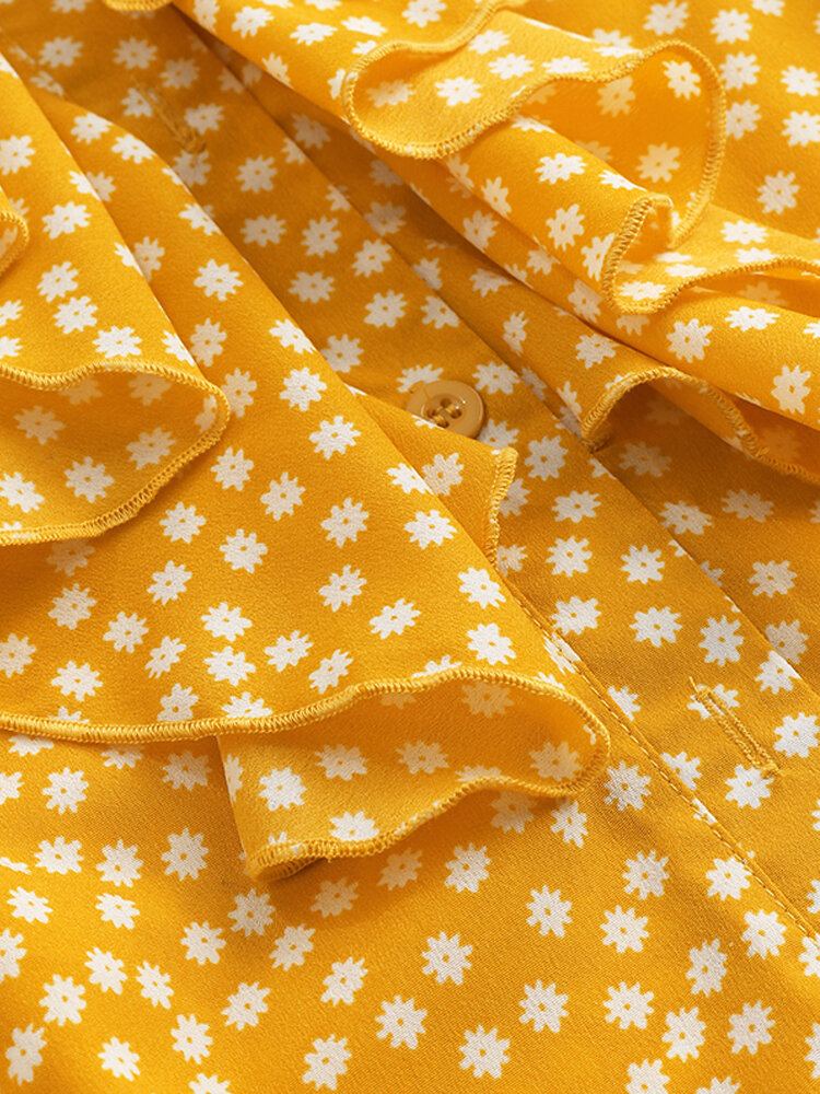 Dames Ditsy Bloemen Gedrukt V-hals Volant Mouw Ruches Casual Blouses