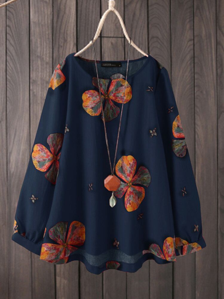 Dames Retro Katoenen Vintage Bloemenprint Blouse Met Ronde Hals En Lange Mouwen