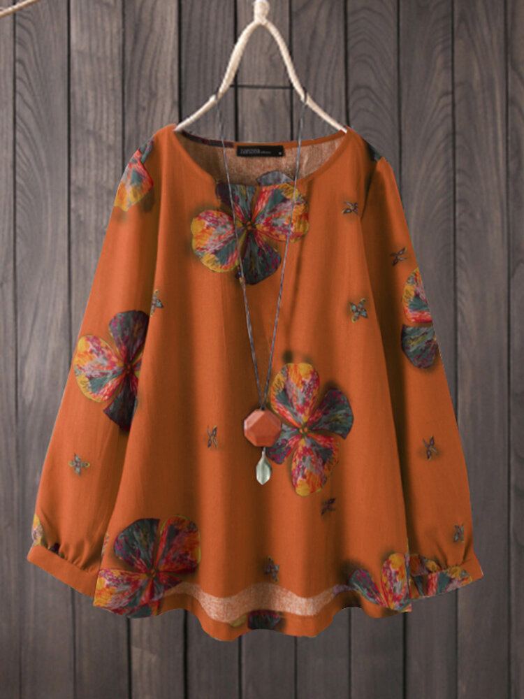 Dames Retro Katoenen Vintage Bloemenprint Blouse Met Ronde Hals En Lange Mouwen