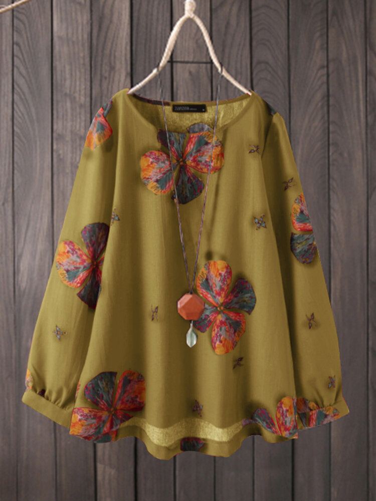 Dames Retro Katoenen Vintage Bloemenprint Blouse Met Ronde Hals En Lange Mouwen