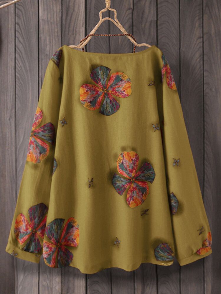 Dames Retro Katoenen Vintage Bloemenprint Blouse Met Ronde Hals En Lange Mouwen