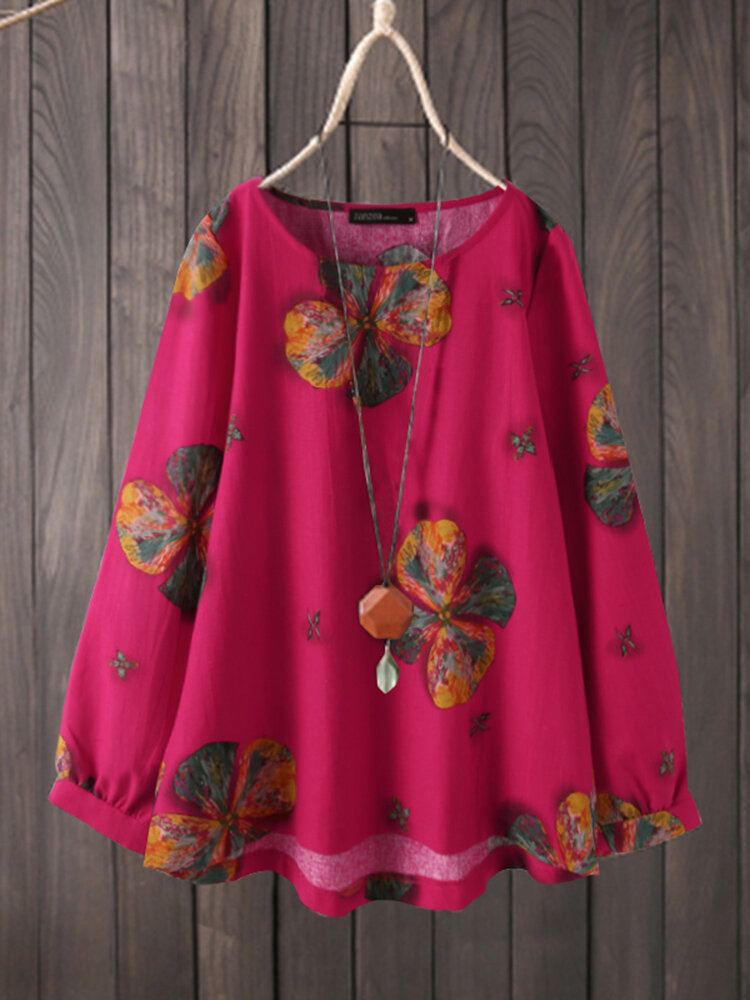 Dames Retro Katoenen Vintage Bloemenprint Blouse Met Ronde Hals En Lange Mouwen