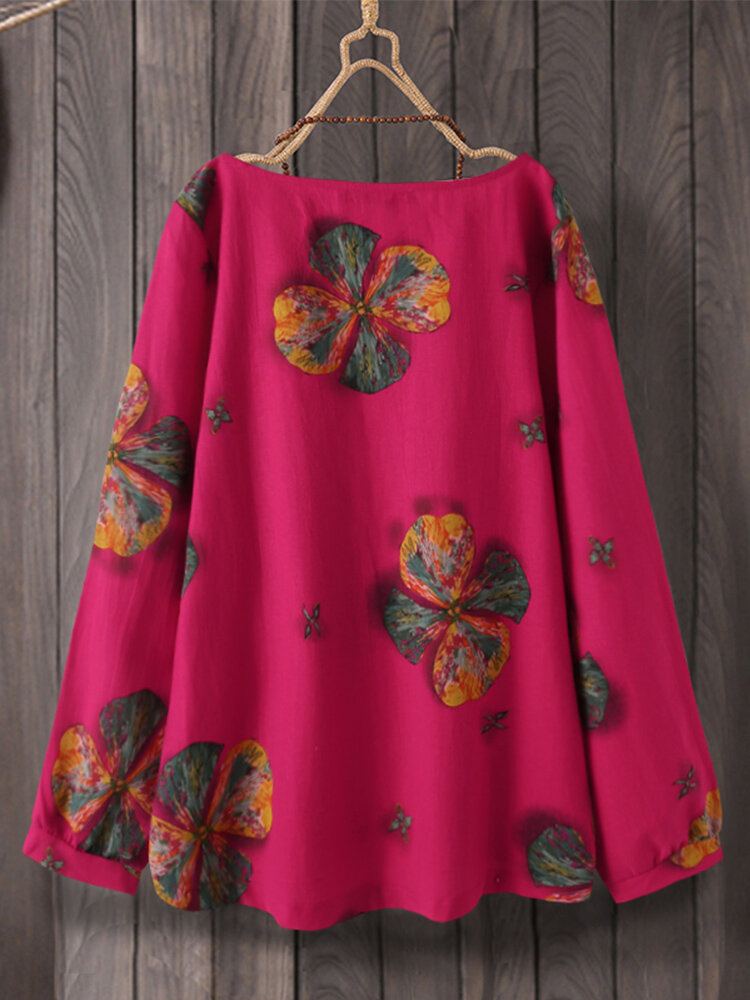 Dames Retro Katoenen Vintage Bloemenprint Blouse Met Ronde Hals En Lange Mouwen