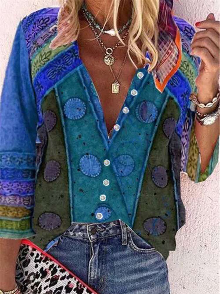Dames Vintage Colorblock Print Standkraag Shirt Met Lange Mouwen En Knopen