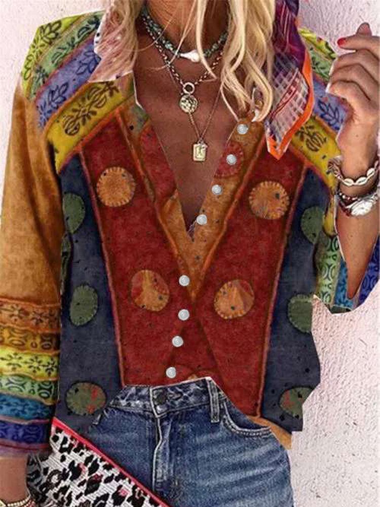 Dames Vintage Colorblock Print Standkraag Shirt Met Lange Mouwen En Knopen
