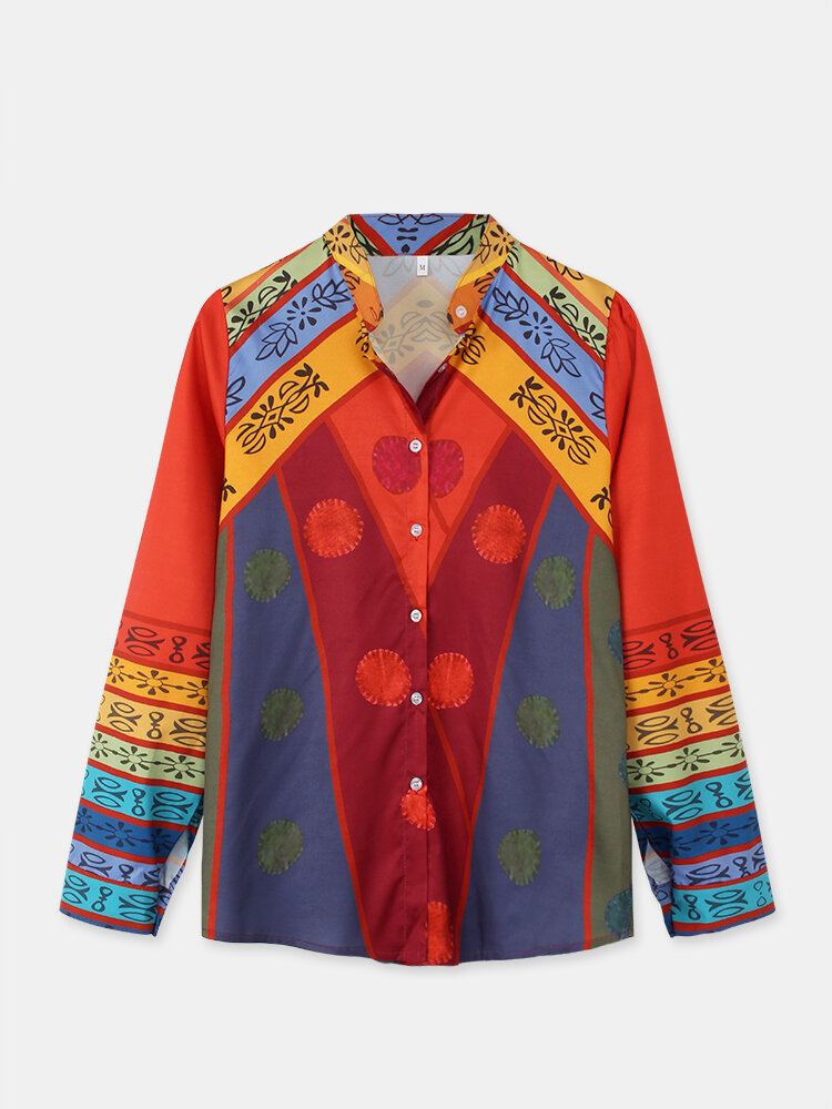 Dames Vintage Colorblock Print Standkraag Shirt Met Lange Mouwen En Knopen