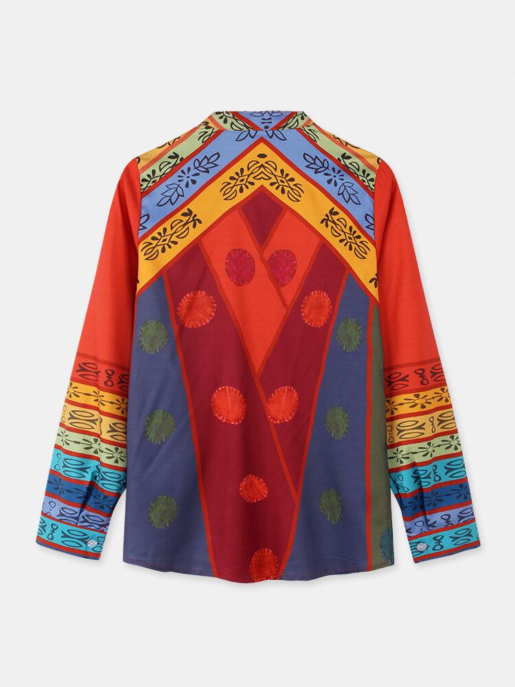 Dames Vintage Colorblock Print Standkraag Shirt Met Lange Mouwen En Knopen