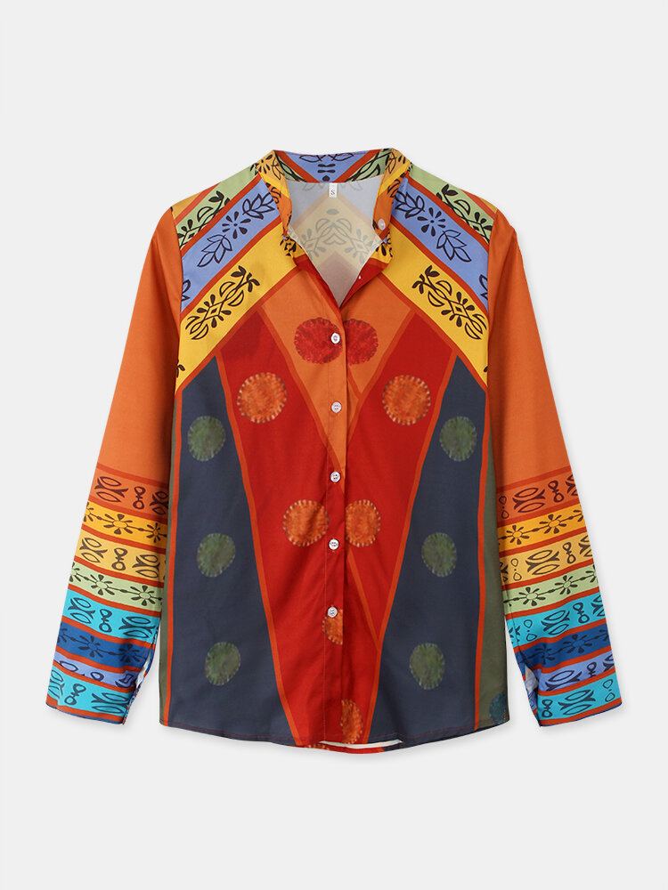 Dames Vintage Colorblock Print Standkraag Shirt Met Lange Mouwen En Knopen