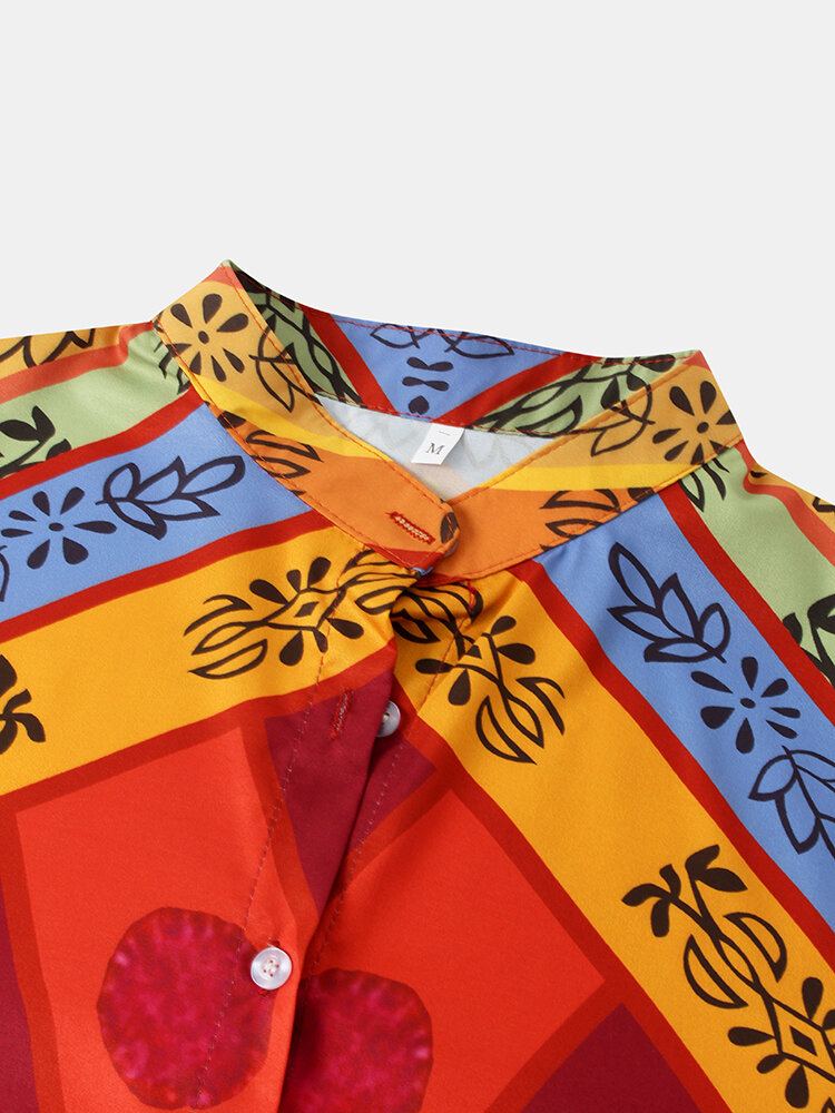 Dames Vintage Colorblock Print Standkraag Shirt Met Lange Mouwen En Knopen