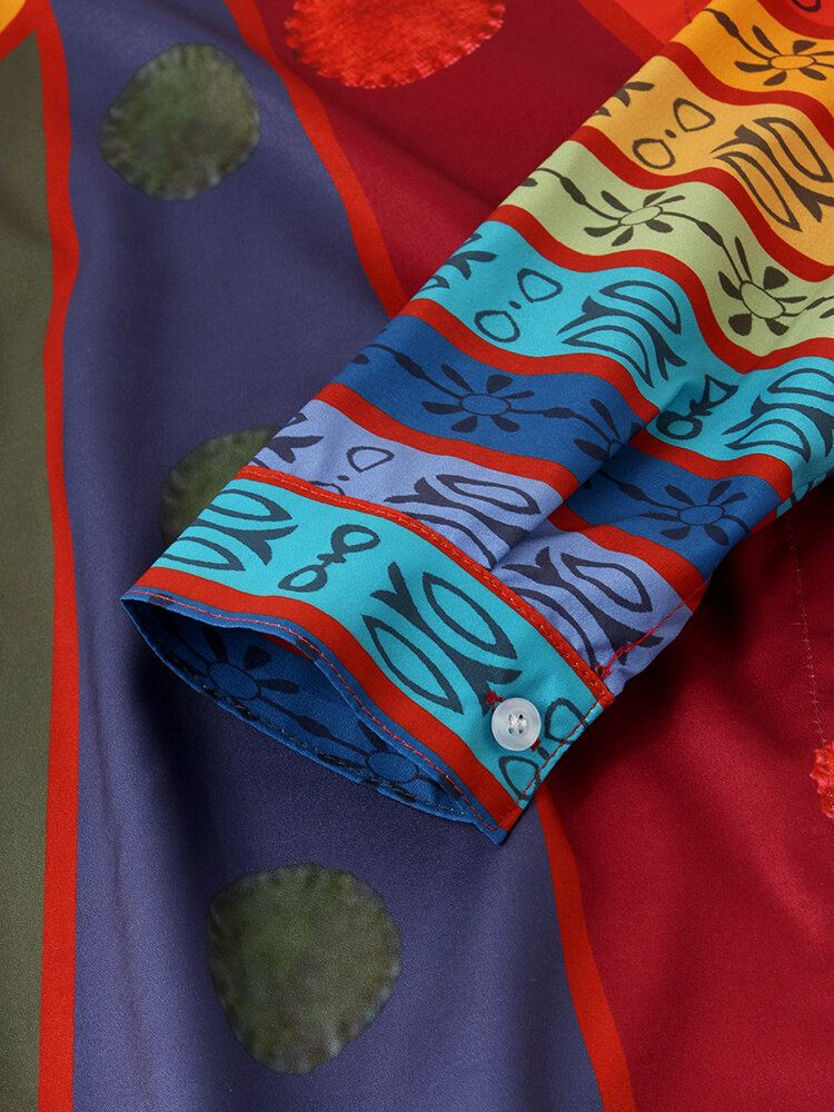 Dames Vintage Colorblock Print Standkraag Shirt Met Lange Mouwen En Knopen