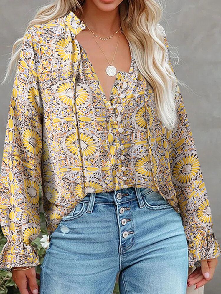 Geknoopte Blouse Met Bloemenprint En Lange Mouwen Voor Dames