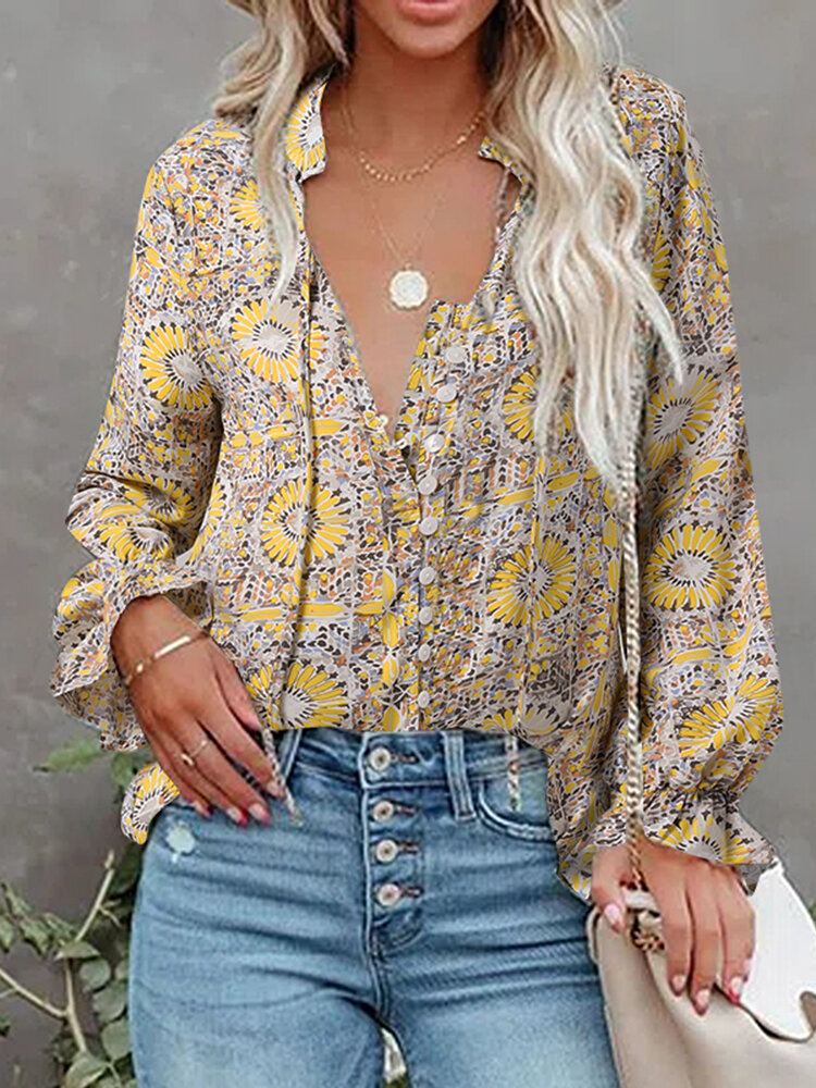 Geknoopte Blouse Met Bloemenprint En Lange Mouwen Voor Dames