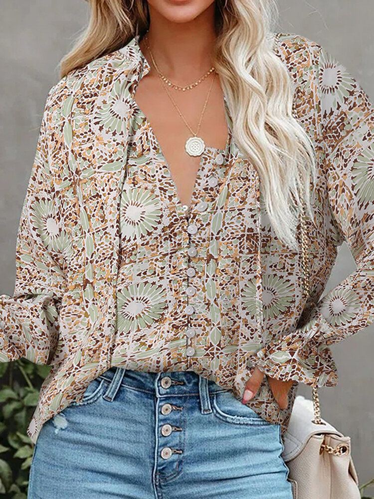Geknoopte Blouse Met Bloemenprint En Lange Mouwen Voor Dames
