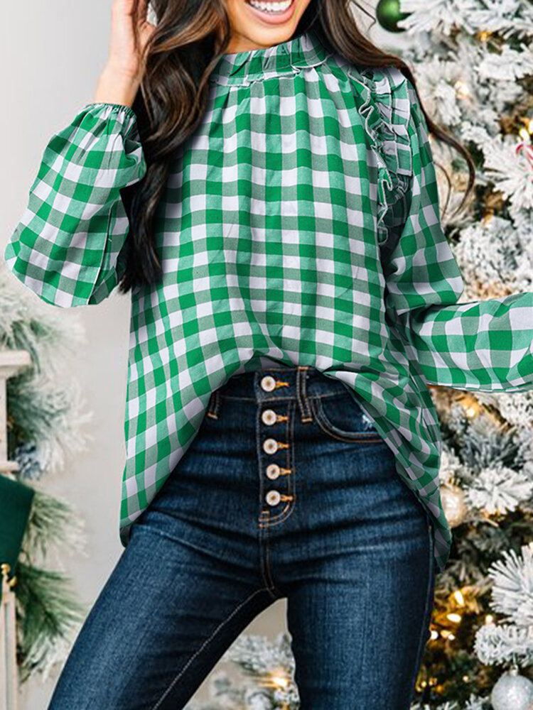 Geruite Casual Blouse Met Lange Mouwen En Ruches Voor Dames