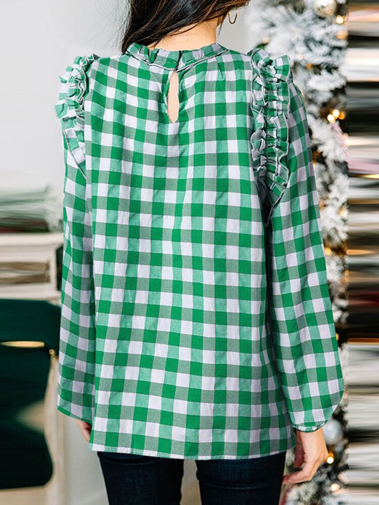 Geruite Casual Blouse Met Lange Mouwen En Ruches Voor Dames