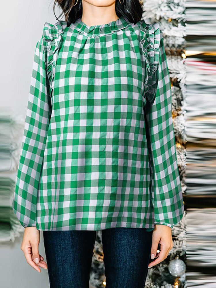 Geruite Casual Blouse Met Lange Mouwen En Ruches Voor Dames