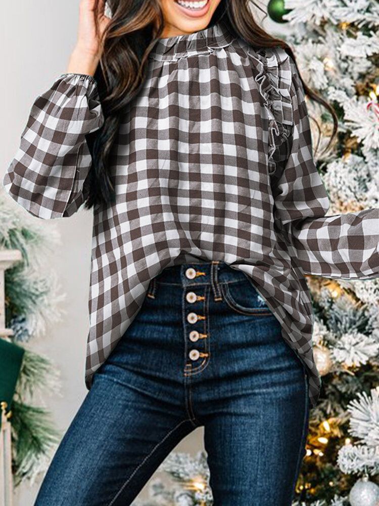 Geruite Casual Blouse Met Lange Mouwen En Ruches Voor Dames