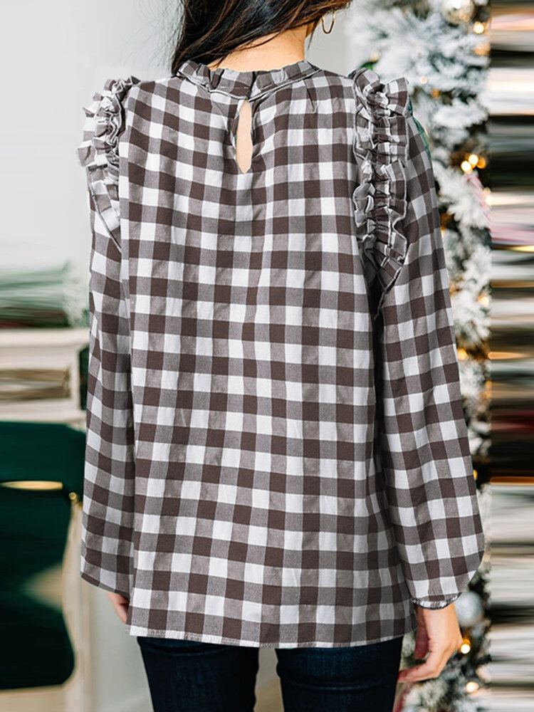 Geruite Casual Blouse Met Lange Mouwen En Ruches Voor Dames