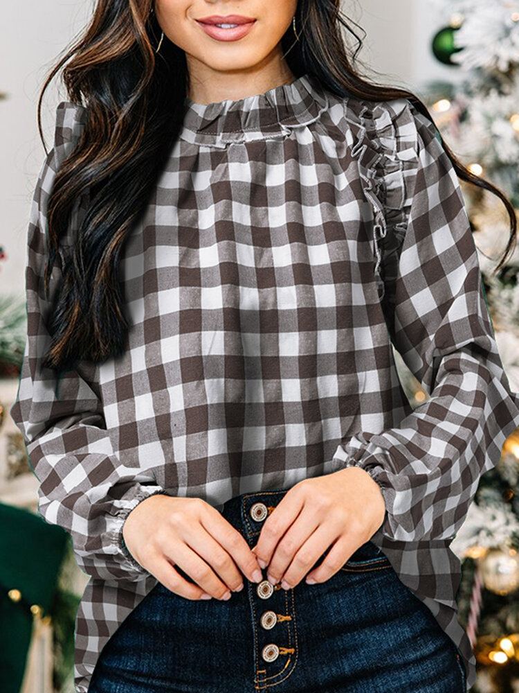 Geruite Casual Blouse Met Lange Mouwen En Ruches Voor Dames
