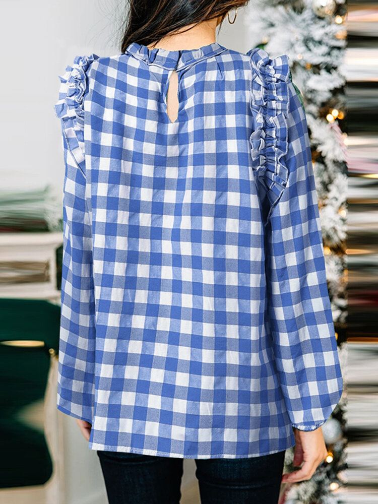 Geruite Casual Blouse Met Lange Mouwen En Ruches Voor Dames