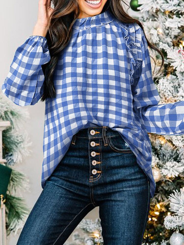 Geruite Casual Blouse Met Lange Mouwen En Ruches Voor Dames