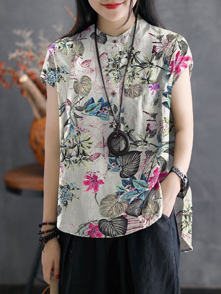 Losvallend 100% Katoenen Knoopbloemen Kort Aan De Voorkant En Lang Aan De Achterkant Gesplitst Mouwloos Shirt Voor Dames