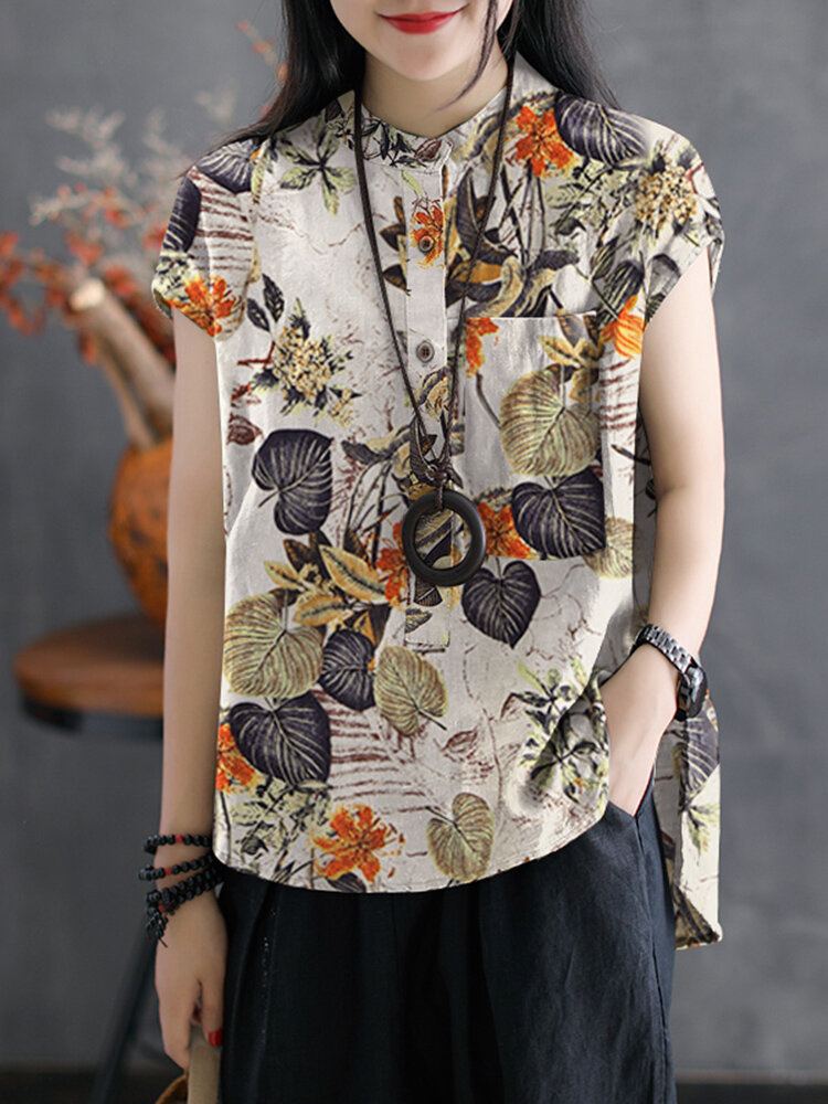 Losvallend 100% Katoenen Knoopbloemen Kort Aan De Voorkant En Lang Aan De Achterkant Gesplitst Mouwloos Shirt Voor Dames