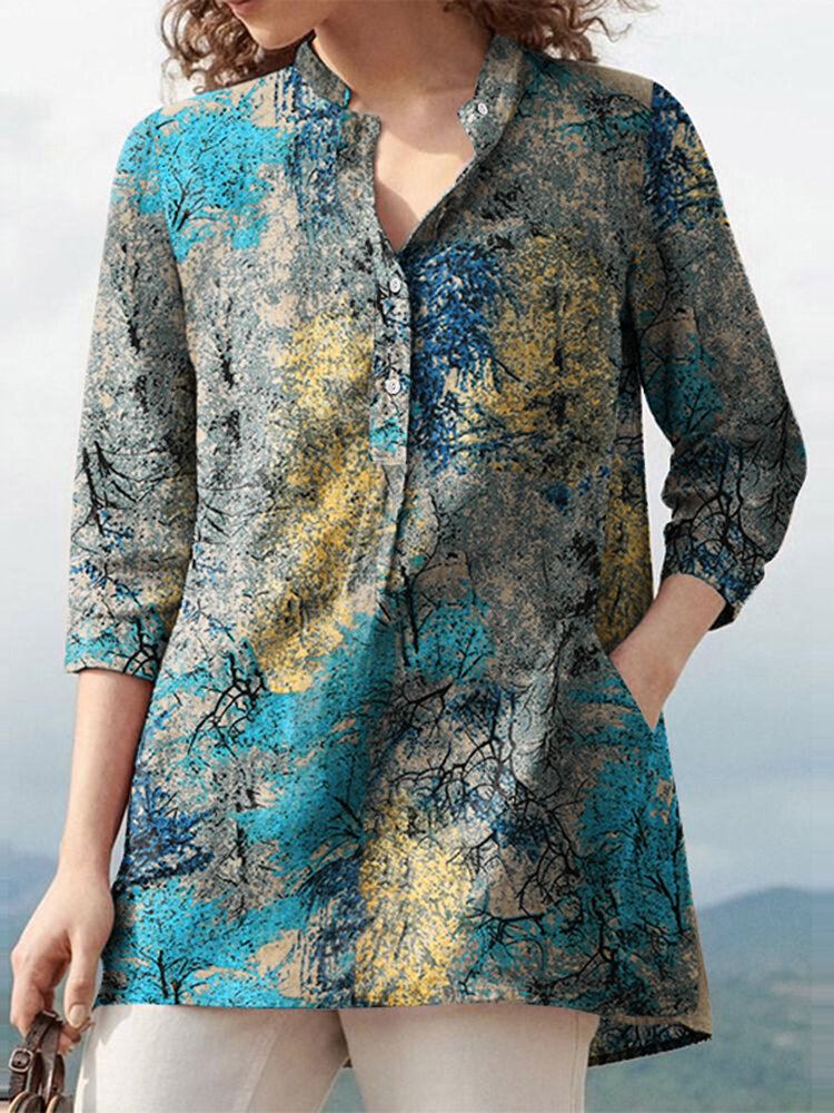 Plantenprint Knoopzak Standkraag Blouse Met Lange Mouwen