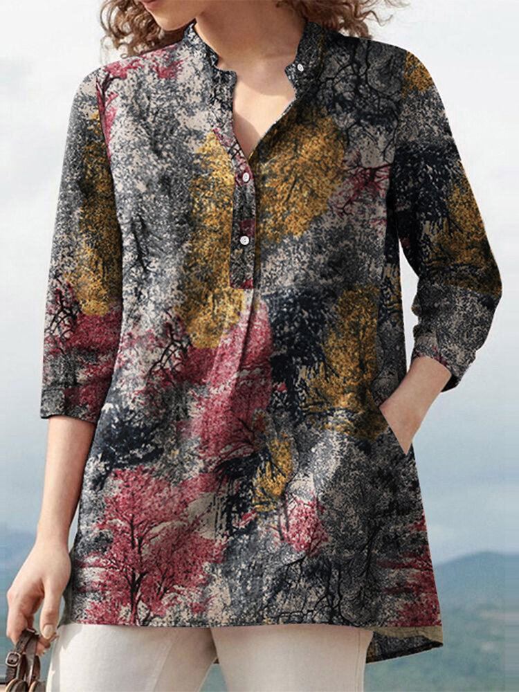Plantenprint Knoopzak Standkraag Blouse Met Lange Mouwen