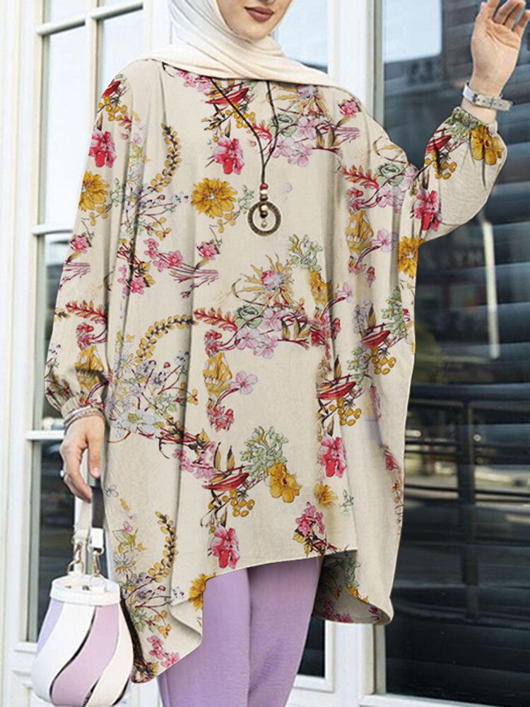 Pofmouw Bloemenprint Onregelmatige Zoom O-hals Losse Blouse