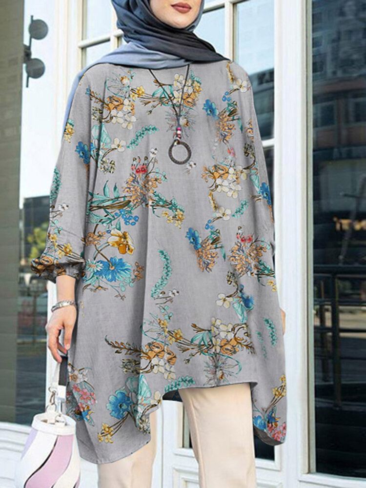 Pofmouw Bloemenprint Onregelmatige Zoom O-hals Losse Blouse