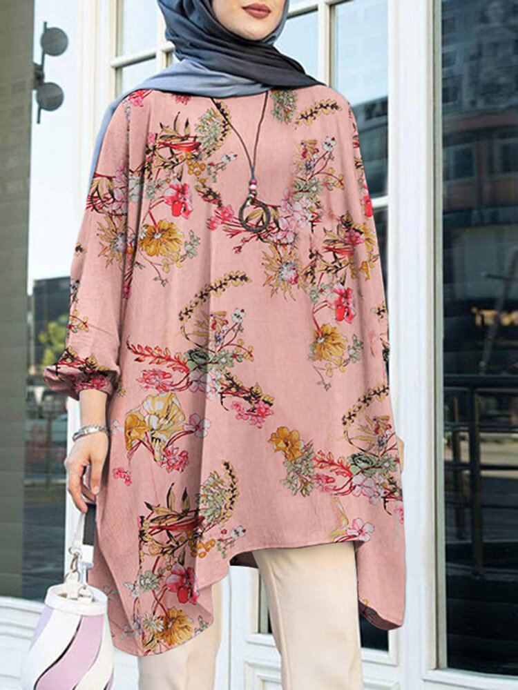 Pofmouw Bloemenprint Onregelmatige Zoom O-hals Losse Blouse