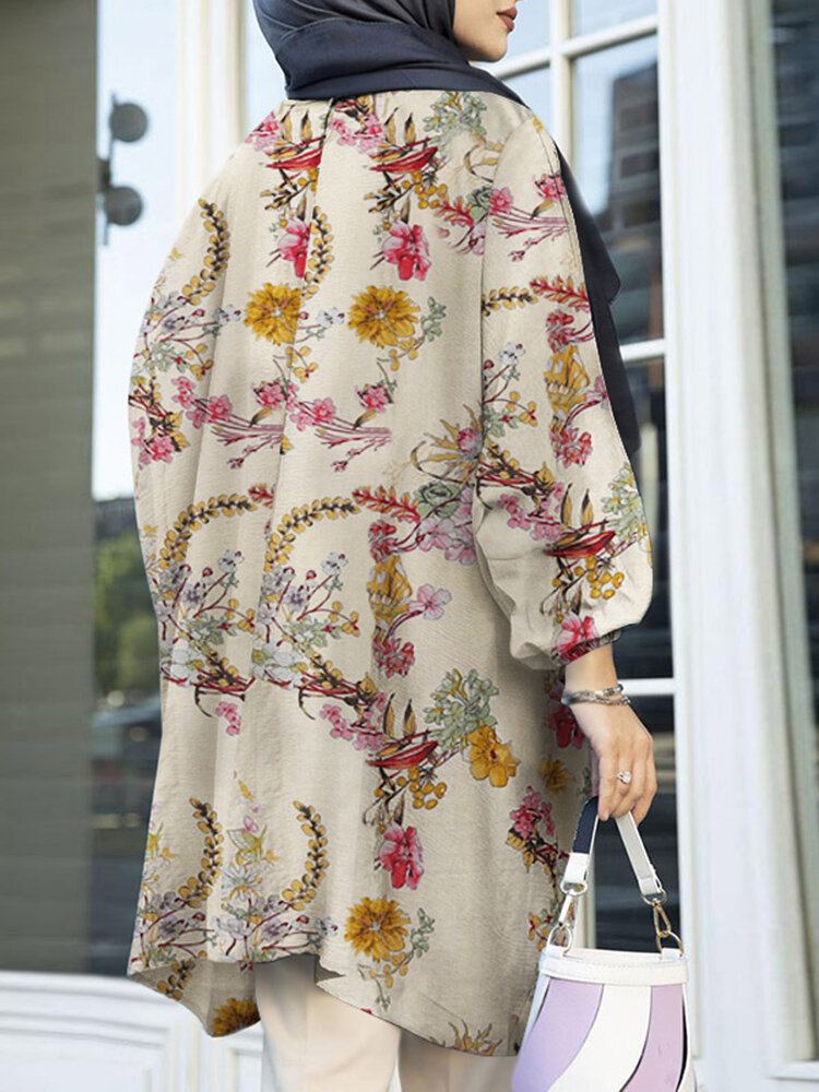 Pofmouw Bloemenprint Onregelmatige Zoom O-hals Losse Blouse
