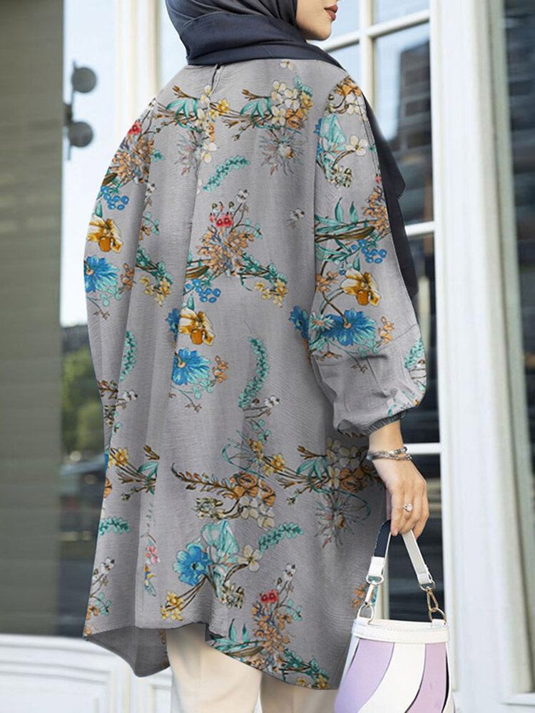Pofmouw Bloemenprint Onregelmatige Zoom O-hals Losse Blouse