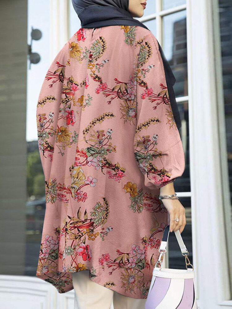 Pofmouw Bloemenprint Onregelmatige Zoom O-hals Losse Blouse