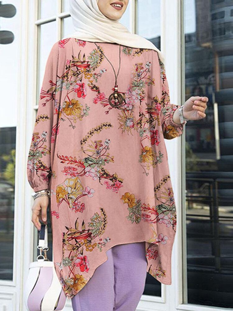 Pofmouw Bloemenprint Onregelmatige Zoom O-hals Losse Blouse