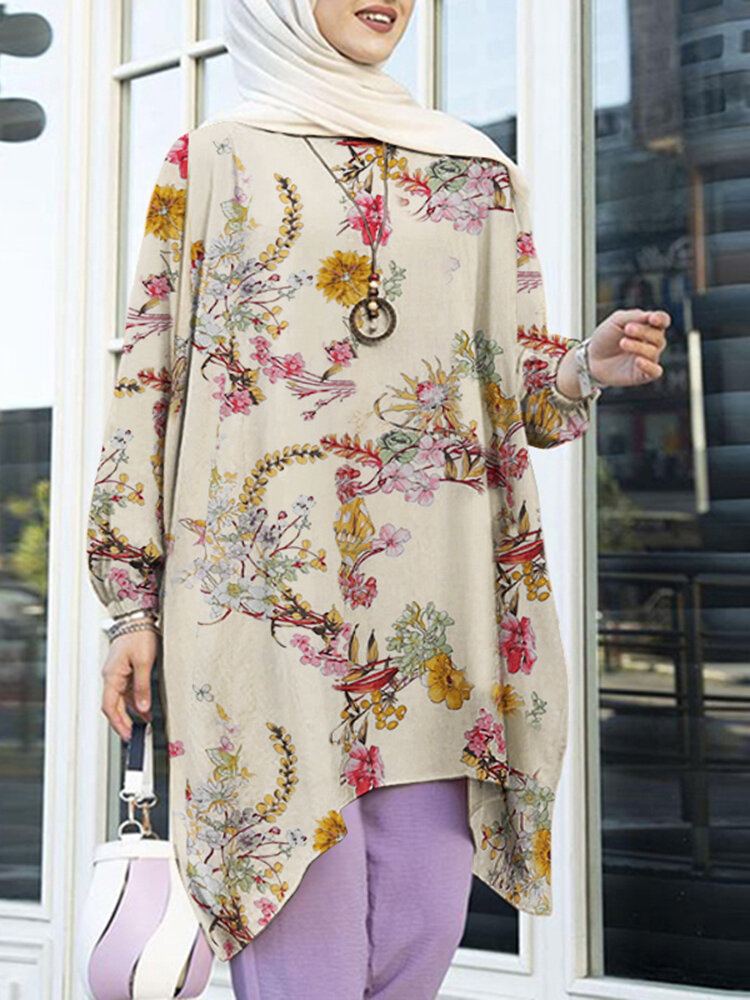 Pofmouw Bloemenprint Onregelmatige Zoom O-hals Losse Blouse